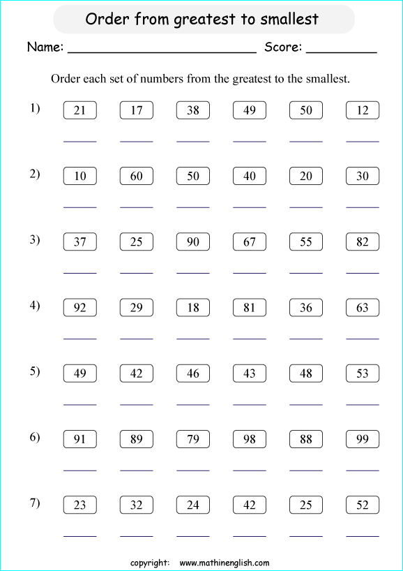 printable math comparing and ordering up to 100 worksheets for kids in primary and elementary math class 