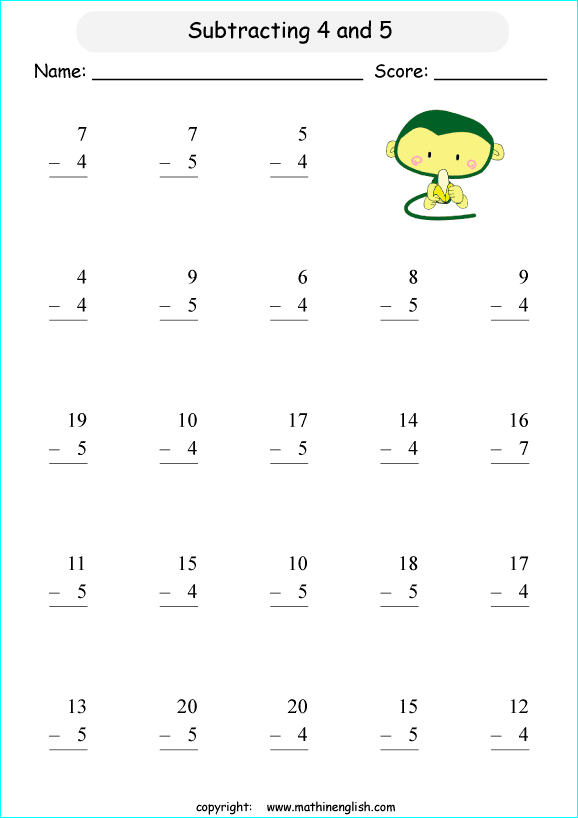 printable math single digit subtraction worksheets for kids in primary and elementary math class 