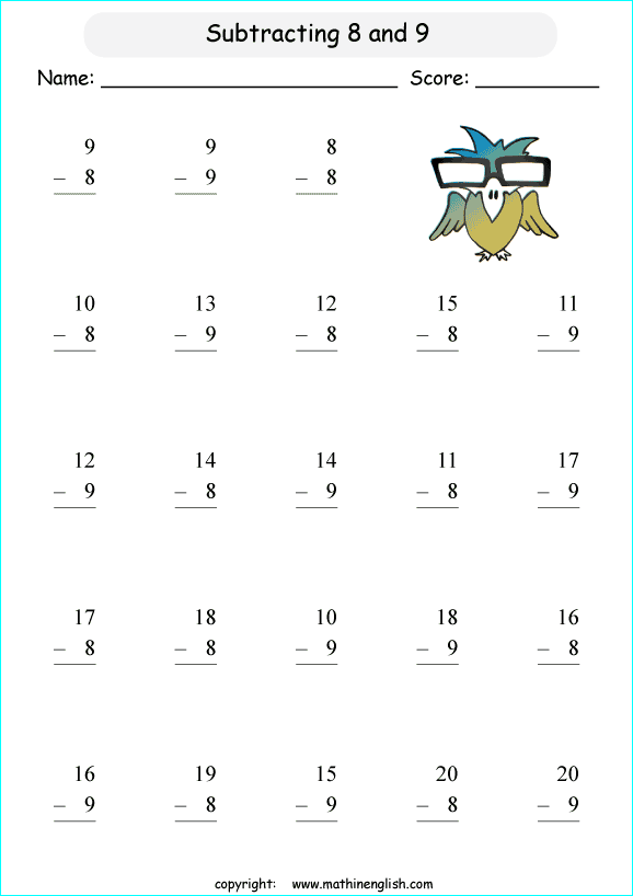 printable math single digit subtraction worksheets for kids in primary and elementary math class 