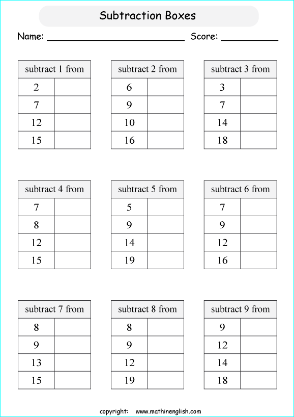 printable math single digit subtraction worksheets for kids in primary and elementary math class 