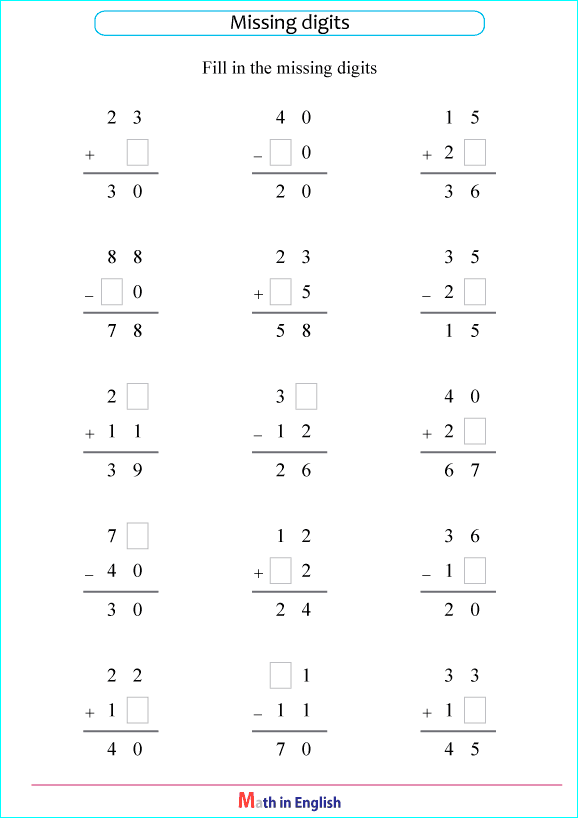 missing numbers in addition or subtraction exefrxises