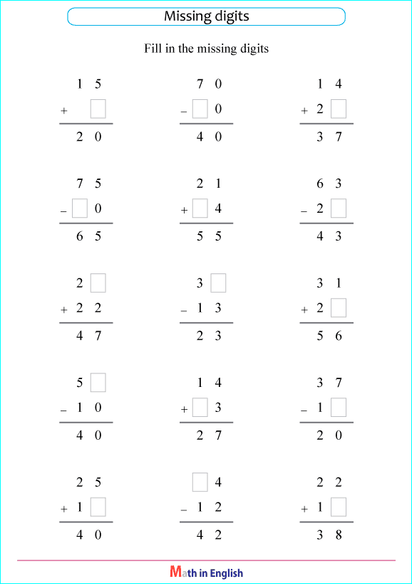 missing numbers in addition or subtraction exefrxises