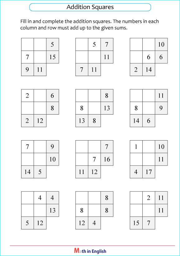 addition boxes with sums up to 20