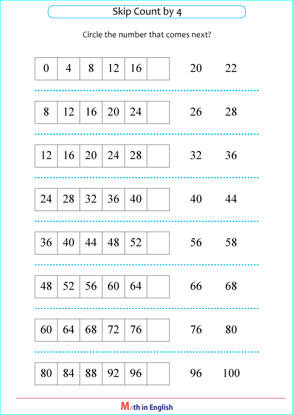 skip counting by 4 next number worksheet