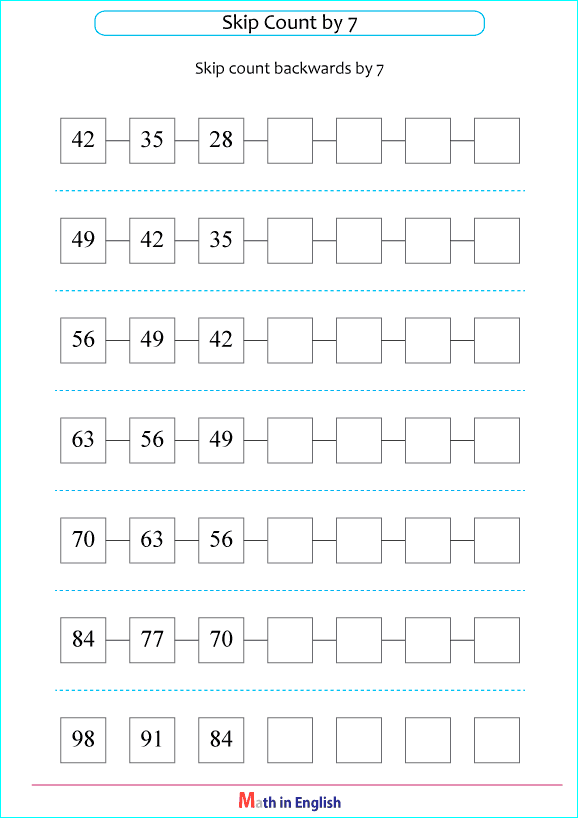 skip count backwards by 7 worksheet