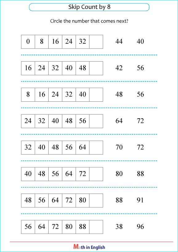 skip counting by 8 next number worksheet