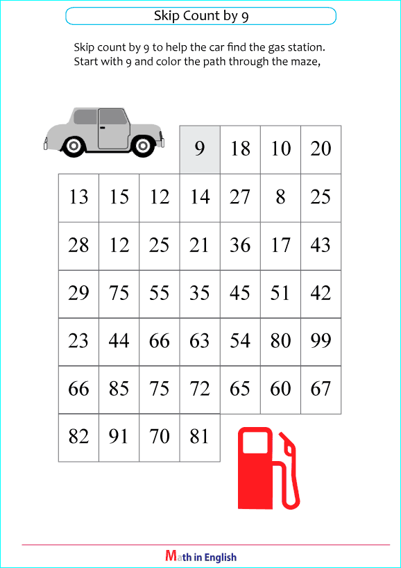 skip addition by 9 worksheet