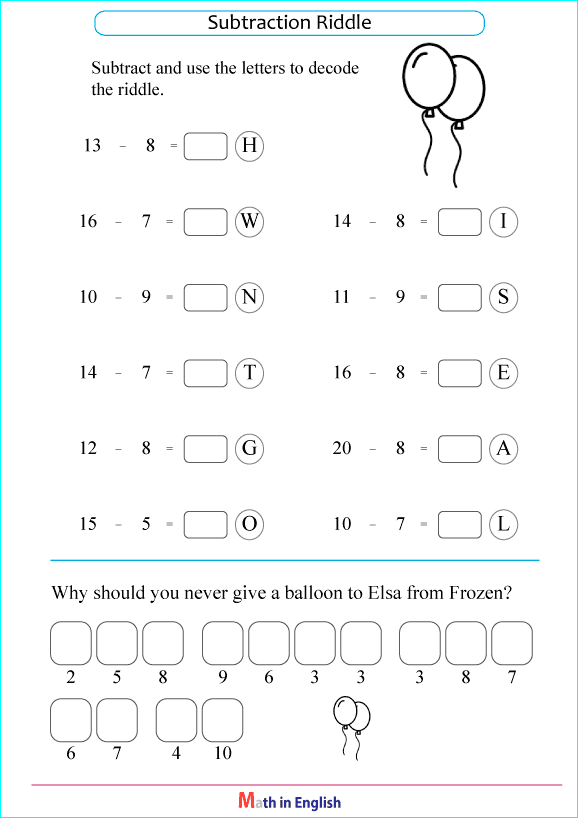 subtraction within 20 puzzle