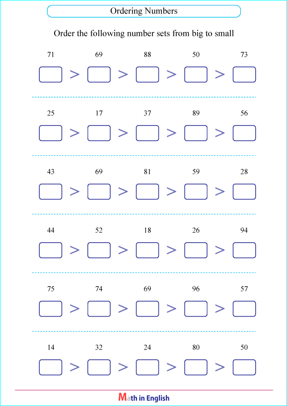 order numbers up to 100 worksheet