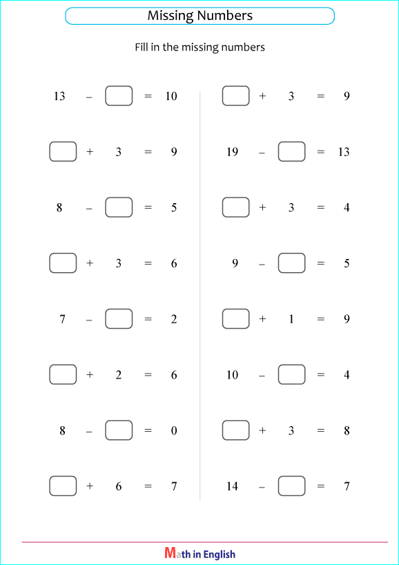 missing numbers in addition or subtraction exefrxises