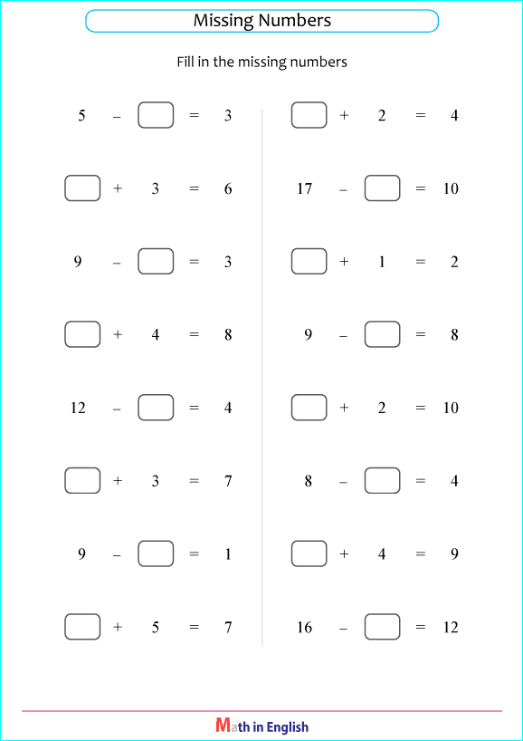 missing numbers in addition or subtraction exefrxises