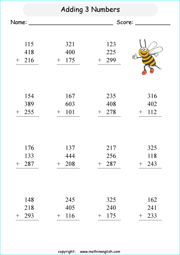 printable math addition 3 digits worksheets