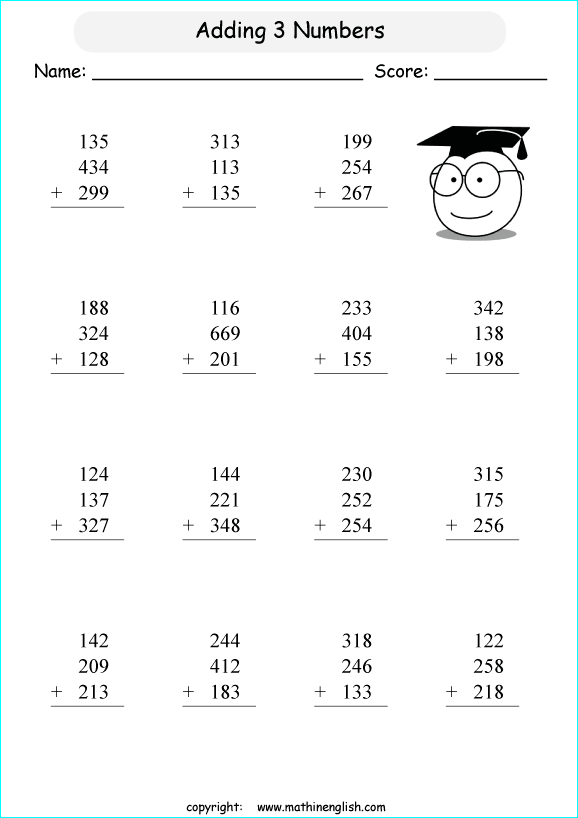 printable math addition 3 digits worksheets