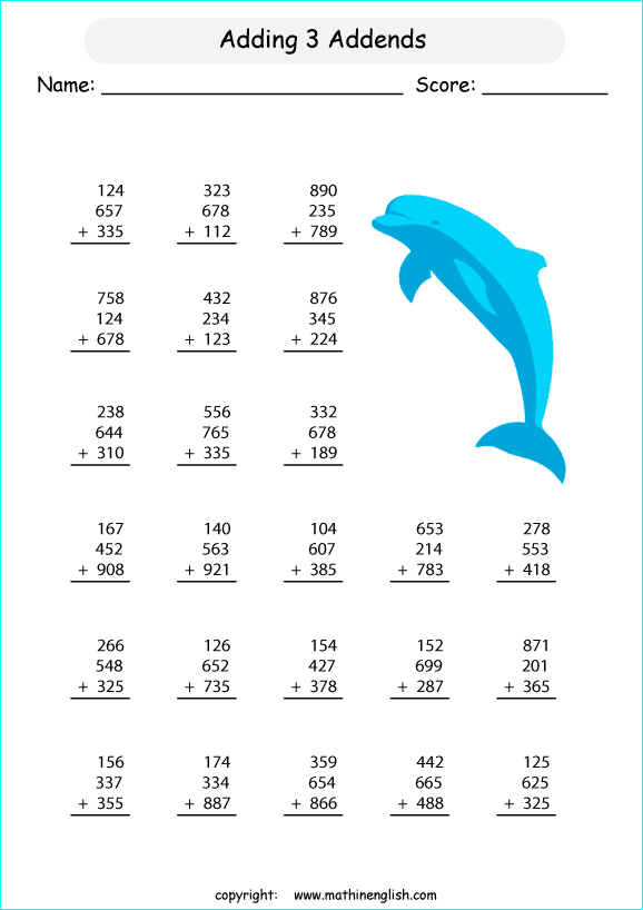 printable math addition 3 digits worksheets