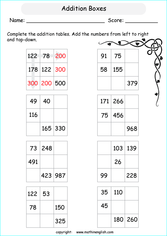 printable math addition 3 digits worksheets