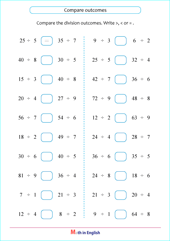 compare division outcomes worksheet