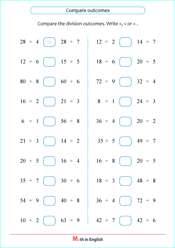 compare division outcomes worksheet