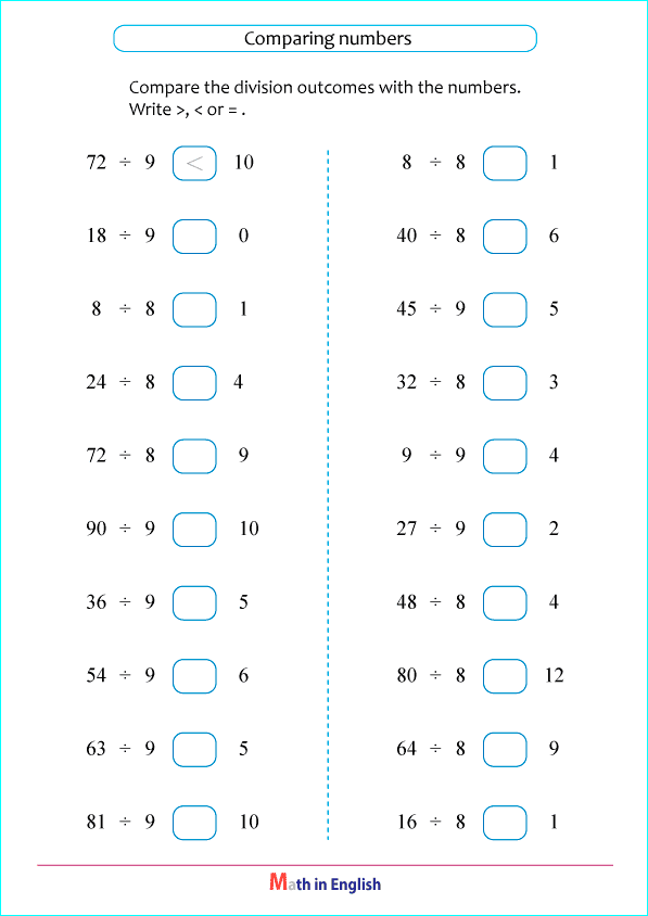 division by 8 and 9 worksheet