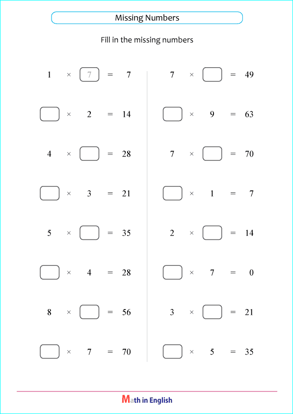 Missing numbers worksheet