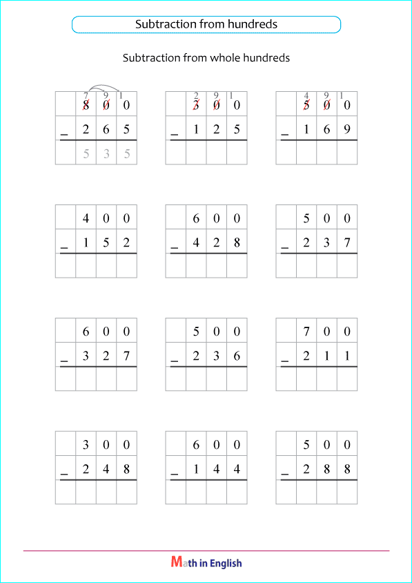 subtract from whole hundreds, double regrouping