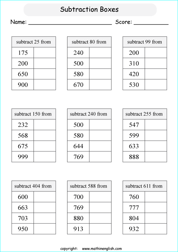 printable math 3 digit subtraction worksheets for kids in primary and elementary math class 