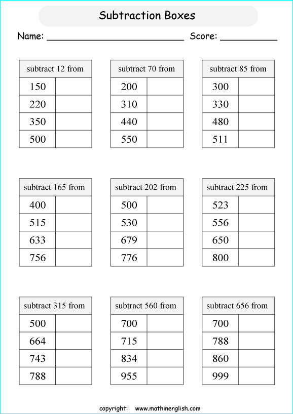 printable math 3 digit subtraction worksheets for kids in primary and elementary math class 