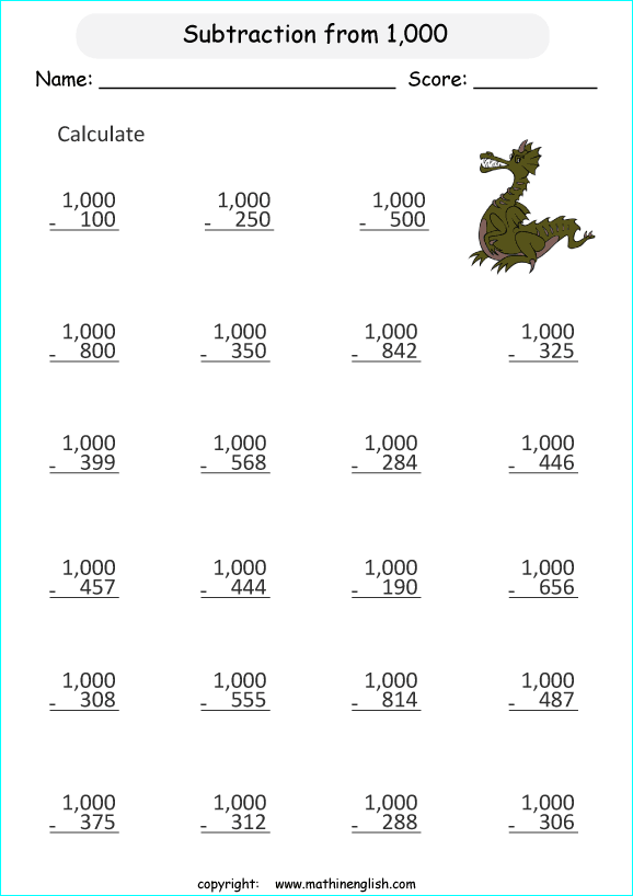 printable math 3 digit subtraction worksheets for kids in primary and elementary math class 