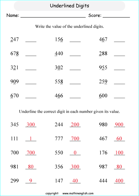 printable math place value of 3 digit number worksheets for kids in primary and elementary math class 