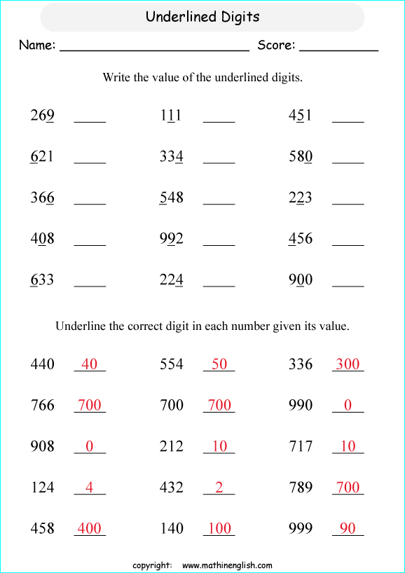 printable math place value of 3 digit number worksheets for kids in primary and elementary math class 