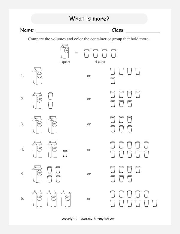 comparing volume and capacity worksheets for primary math  