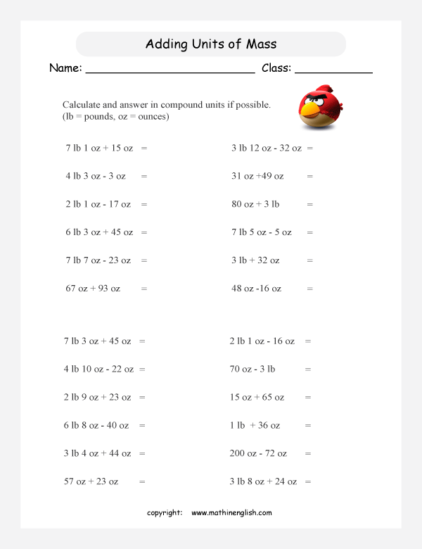 operation with units of mass worksheets for primary math  