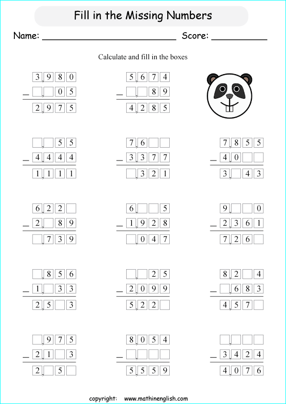 printable math missing numbers subtraction worksheets for kids in primary and elementary math class 
