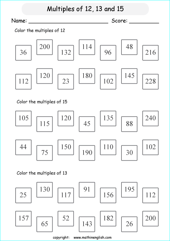 listing multilpes and factors worksheets for grade 1 to 6 