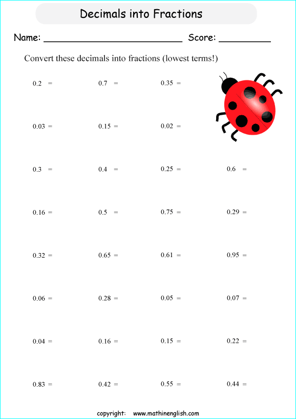 decimal into fractions worksheets for grade 1 to 6 