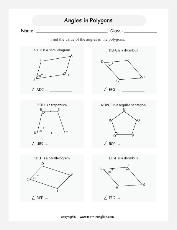  angles in shapes and polygons geometry math worksheets for primary math class 