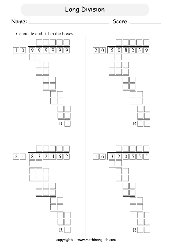 printable math division of big numbers worksheets for kids in primary and elementary math class 