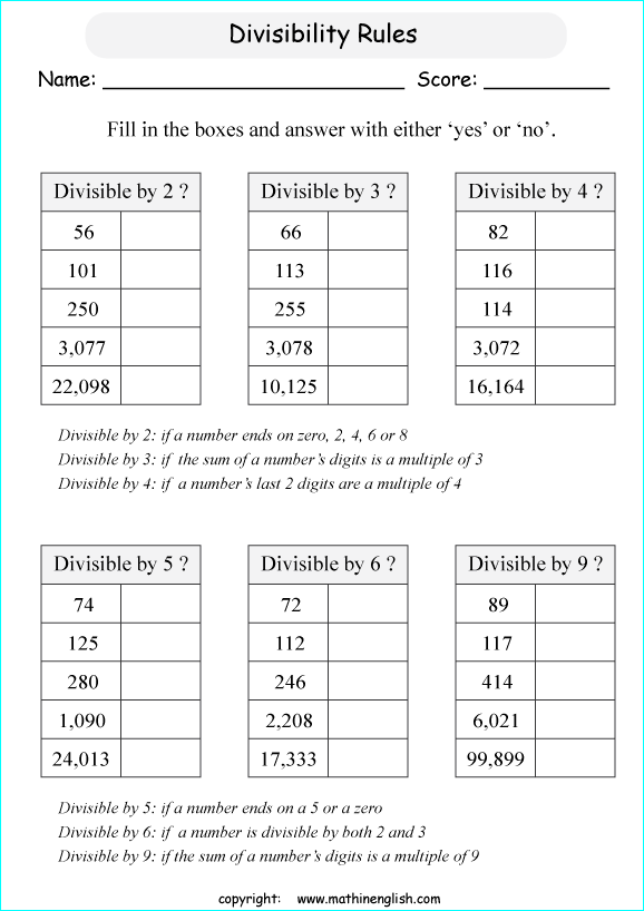 printable math divisibility rules worksheets for kids in primary and elementary math class 