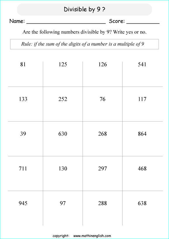 printable math divisibility rules worksheets for kids in primary and elementary math class 