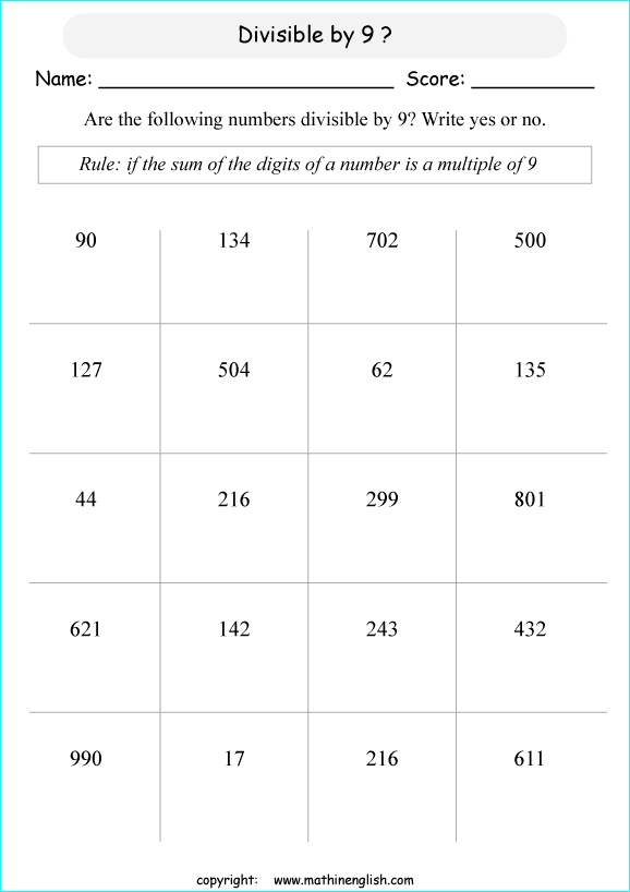 printable math divisibility rules worksheets for kids in primary and elementary math class 