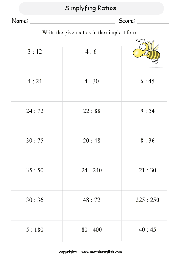 simplifying ratios math worksheets for grade 1 to 6 