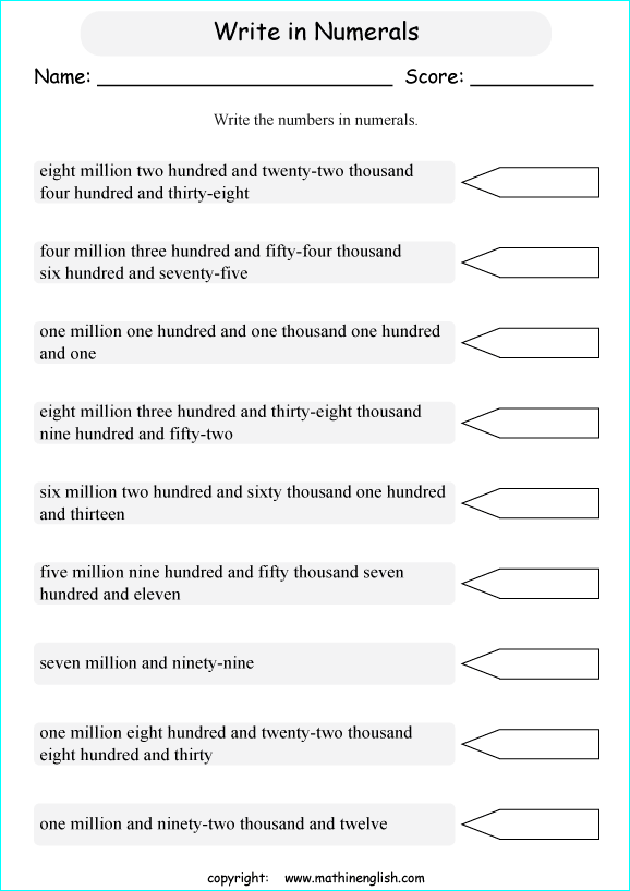 printable math writing and spelling large numbers worksheets