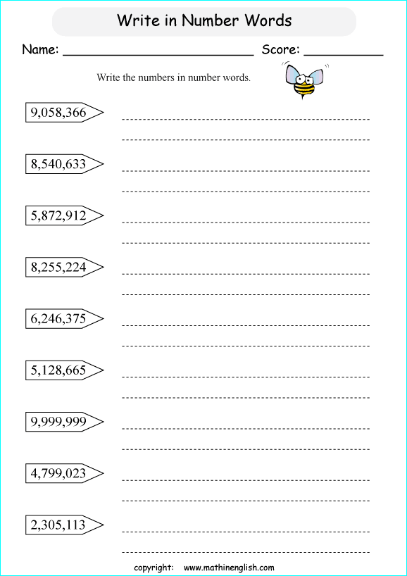 printable math writing and spelling large numbers worksheets