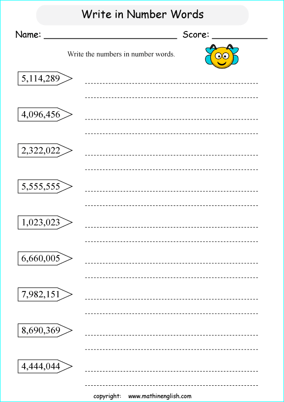 printable math writing and spelling large numbers worksheets