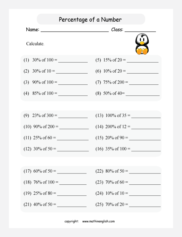 caculate percentage whole numbers math worksheets for grade 1 to 6 