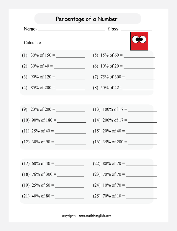 caculate percentage whole numbers math worksheets for grade 1 to 6 