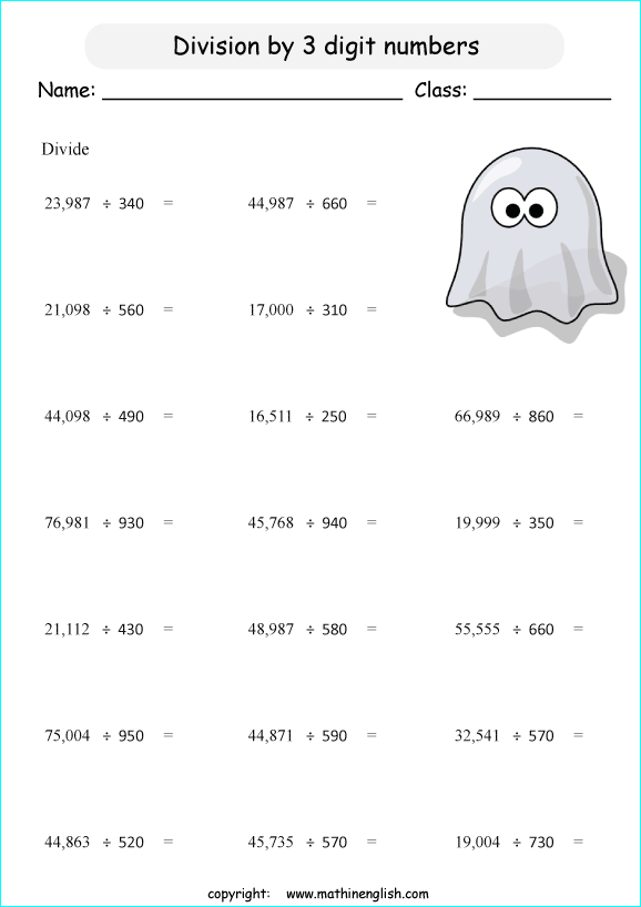 printable math division of big numbers worksheets for kids in primary and elementary math class 