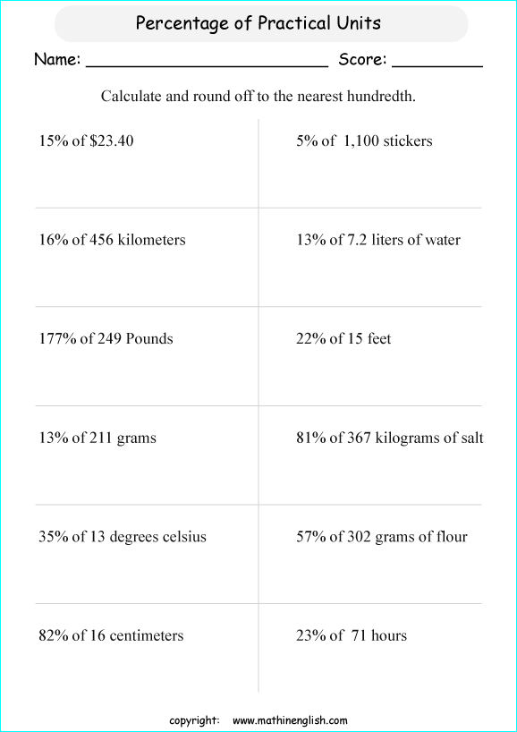 caculate percentage rounding off math worksheets for grade 1 to 6 