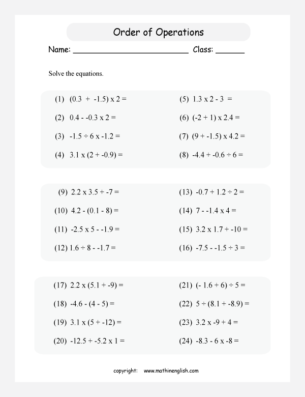 order of operations with positve integers and parentheses worksheets for grade 1 to 6 