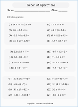 order of operations with positve integers and parentheses worksheets for grade 1 to 6 