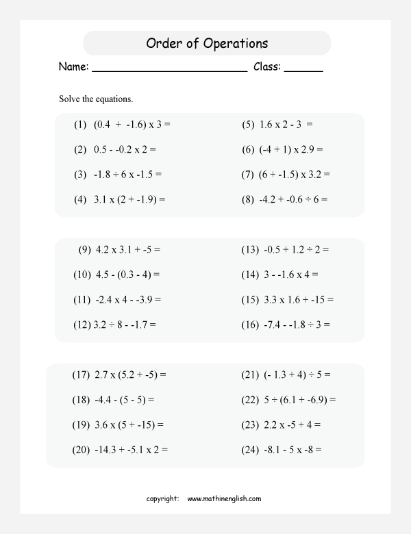 order of operations with positve integers and parentheses worksheets for grade 1 to 6 